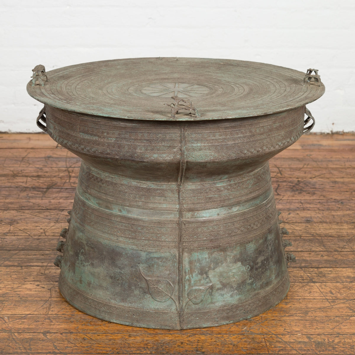 Laotian Style Vintage Bronze Rain Drum with Geometric Motifs and Frog Finials-6. Asian & Chinese Furniture, Art, Antiques, Vintage Home Décor for sale at FEA Home