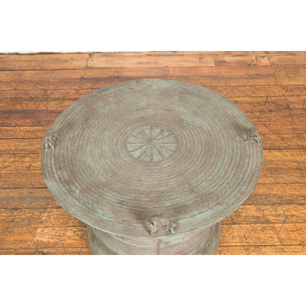 Laotian Style Vintage Bronze Rain Drum with Geometric Motifs and Frog Finials-7. Asian & Chinese Furniture, Art, Antiques, Vintage Home Décor for sale at FEA Home