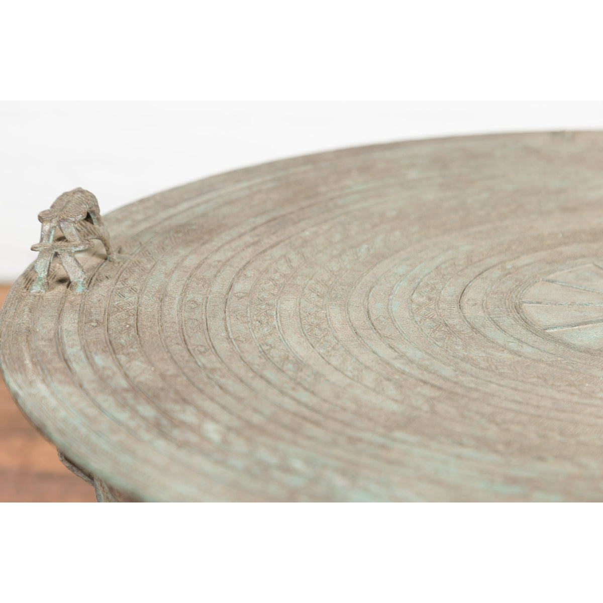 Laotian Style Vintage Bronze Rain Drum with Geometric Motifs and Frog Finials-8. Asian & Chinese Furniture, Art, Antiques, Vintage Home Décor for sale at FEA Home
