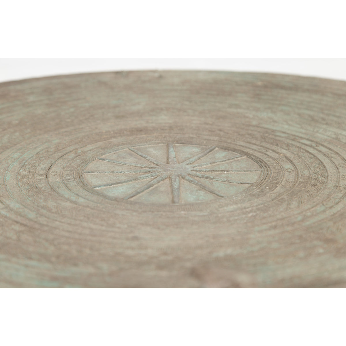 Laotian Style Vintage Bronze Rain Drum with Geometric Motifs and Frog Finials-9. Asian & Chinese Furniture, Art, Antiques, Vintage Home Décor for sale at FEA Home
