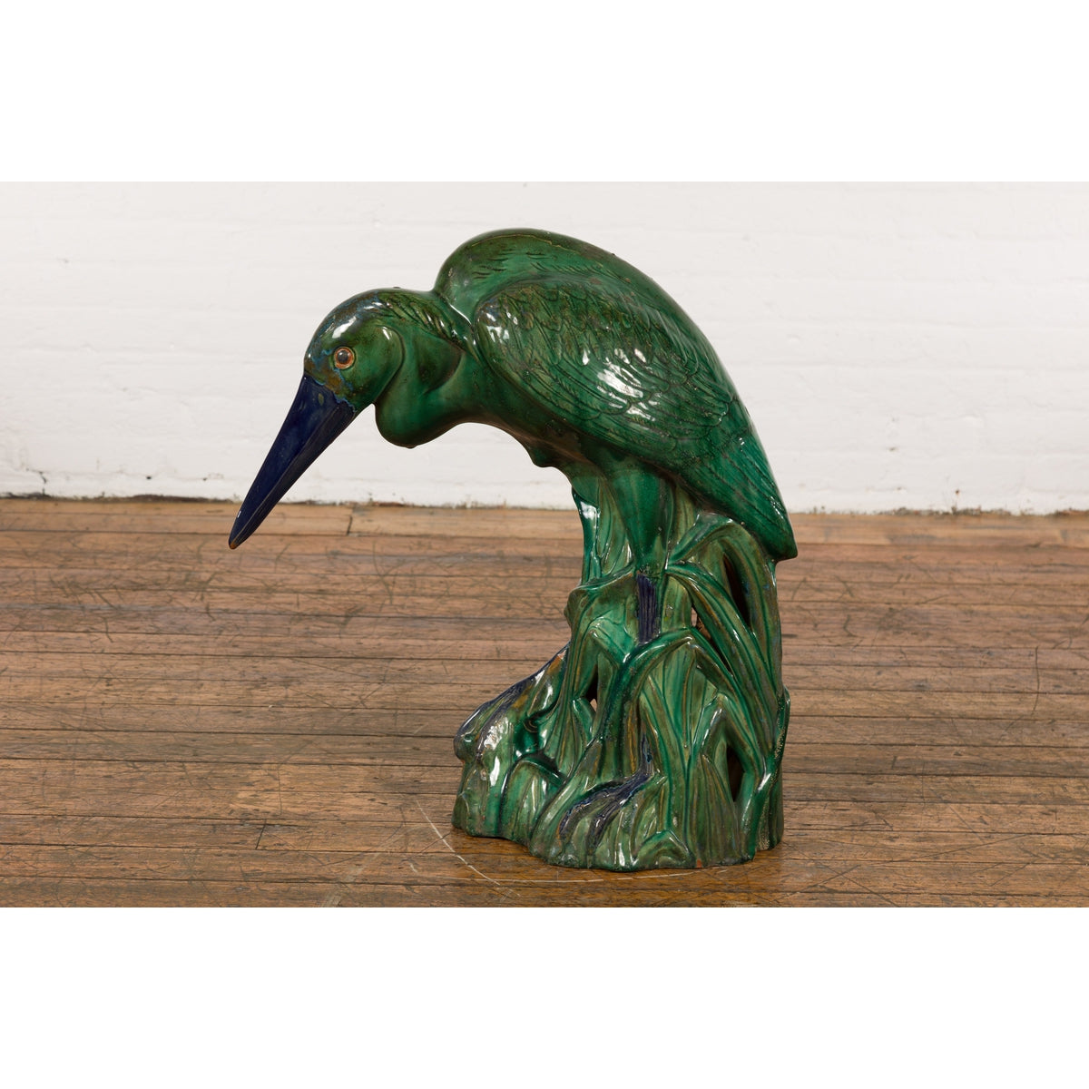 Lifesize Chinese Vintage Green and Blue Glazed Ceramic Heron Bird Sculpture-11. Asian & Chinese Furniture, Art, Antiques, Vintage Home Décor for sale at FEA Home