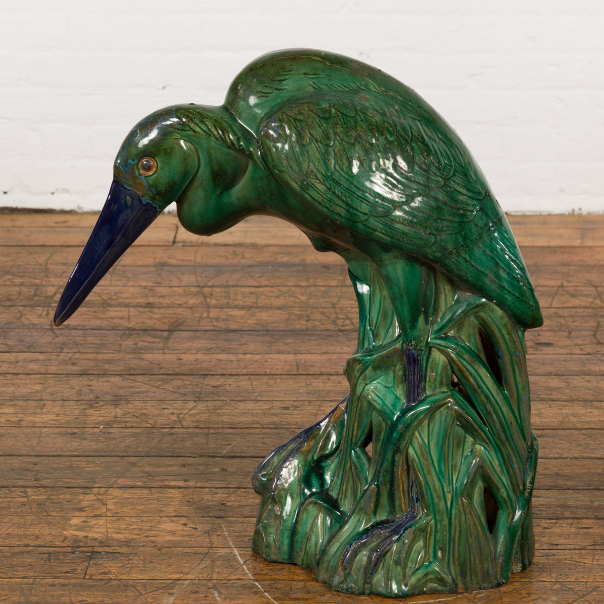 Lifesize Chinese Vintage Green and Blue Glazed Ceramic Heron Bird Sculpture-12. Asian & Chinese Furniture, Art, Antiques, Vintage Home Décor for sale at FEA Home