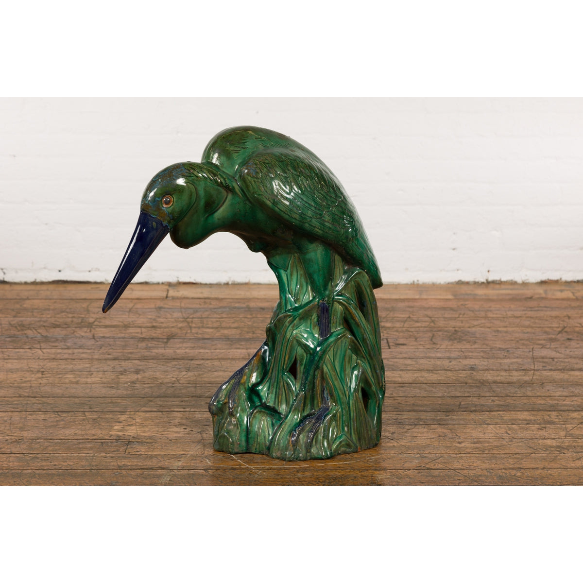 Lifesize Chinese Vintage Green and Blue Glazed Ceramic Heron Bird Sculpture-13. Asian & Chinese Furniture, Art, Antiques, Vintage Home Décor for sale at FEA Home