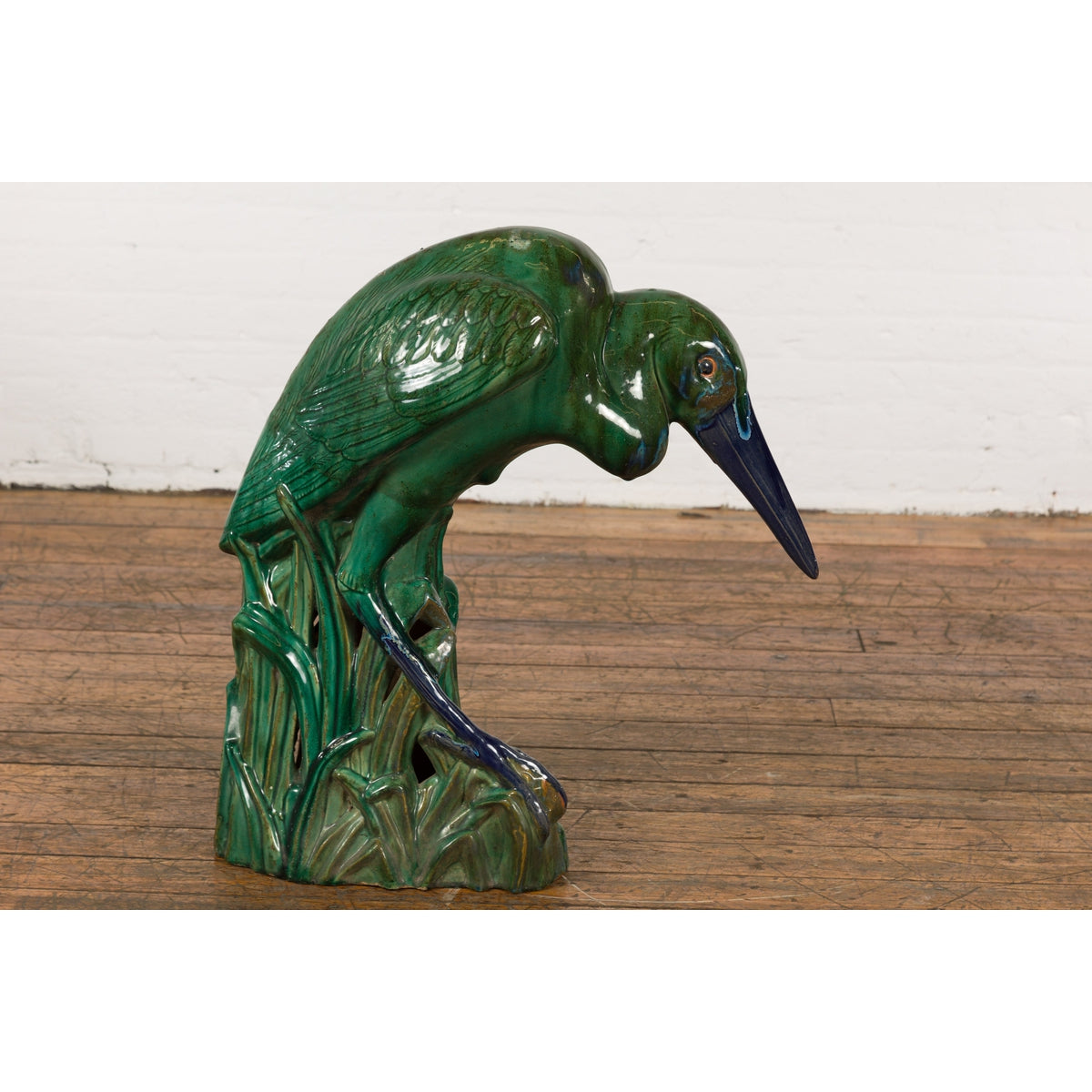 Lifesize Chinese Vintage Green and Blue Glazed Ceramic Heron Bird Sculpture-15. Asian & Chinese Furniture, Art, Antiques, Vintage Home Décor for sale at FEA Home