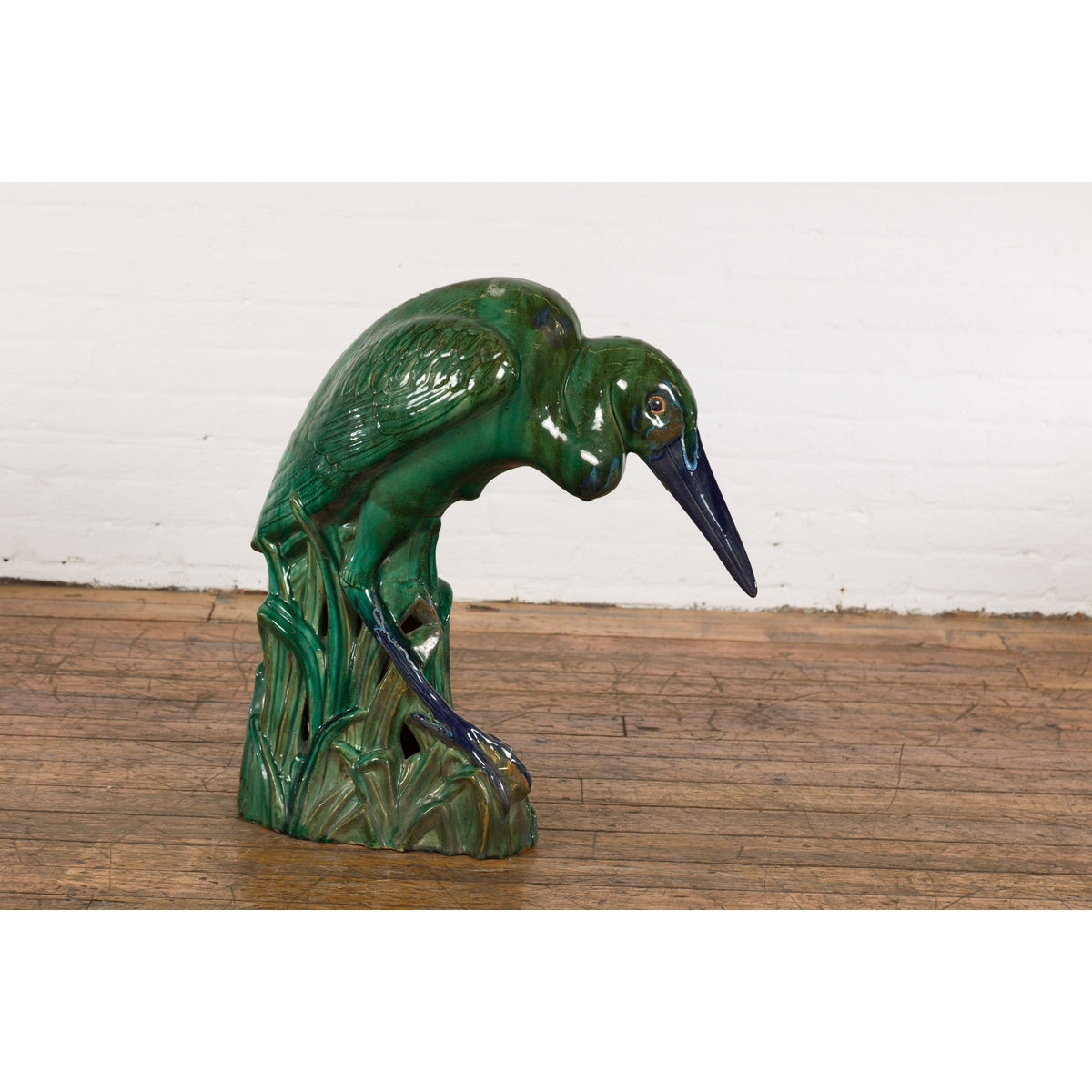 Lifesize Chinese Vintage Green and Blue Glazed Ceramic Heron Bird Sculpture-2. Asian & Chinese Furniture, Art, Antiques, Vintage Home Décor for sale at FEA Home