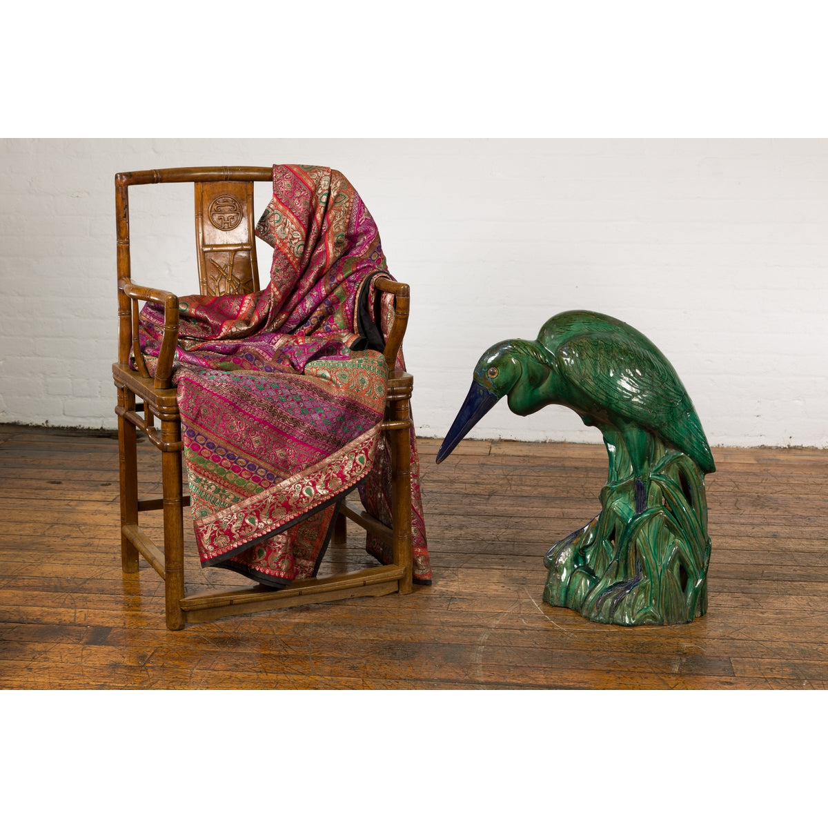 Lifesize Chinese Vintage Green and Blue Glazed Ceramic Heron Bird Sculpture-3. Asian & Chinese Furniture, Art, Antiques, Vintage Home Décor for sale at FEA Home