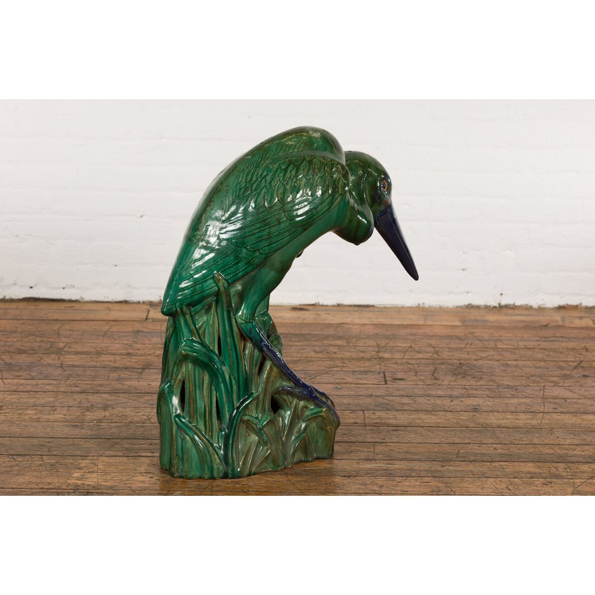 Lifesize Chinese Vintage Green and Blue Glazed Ceramic Heron Bird Sculpture-8. Asian & Chinese Furniture, Art, Antiques, Vintage Home Décor for sale at FEA Home