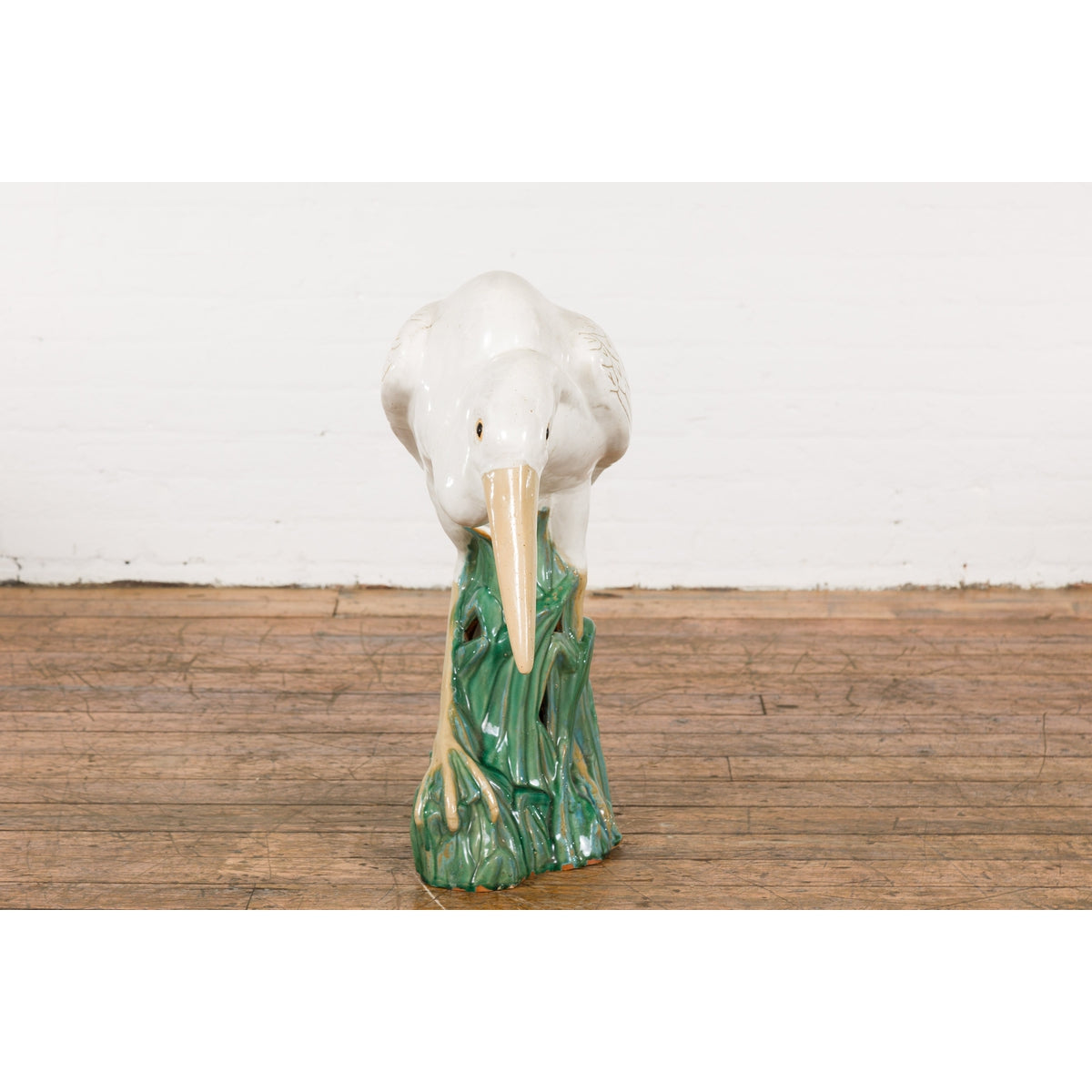 Lifesize Chinese Vintage White and Cream Glazed Ceramic Heron Bird Sculpture-15. Asian & Chinese Furniture, Art, Antiques, Vintage Home Décor for sale at FEA Home