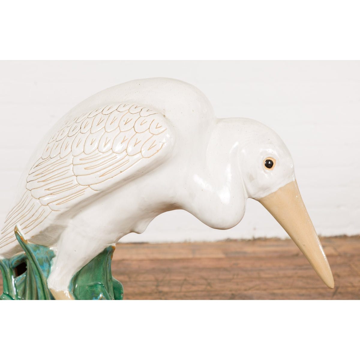 Lifesize Chinese Vintage White and Cream Glazed Ceramic Heron Bird Sculpture-4. Asian & Chinese Furniture, Art, Antiques, Vintage Home Décor for sale at FEA Home