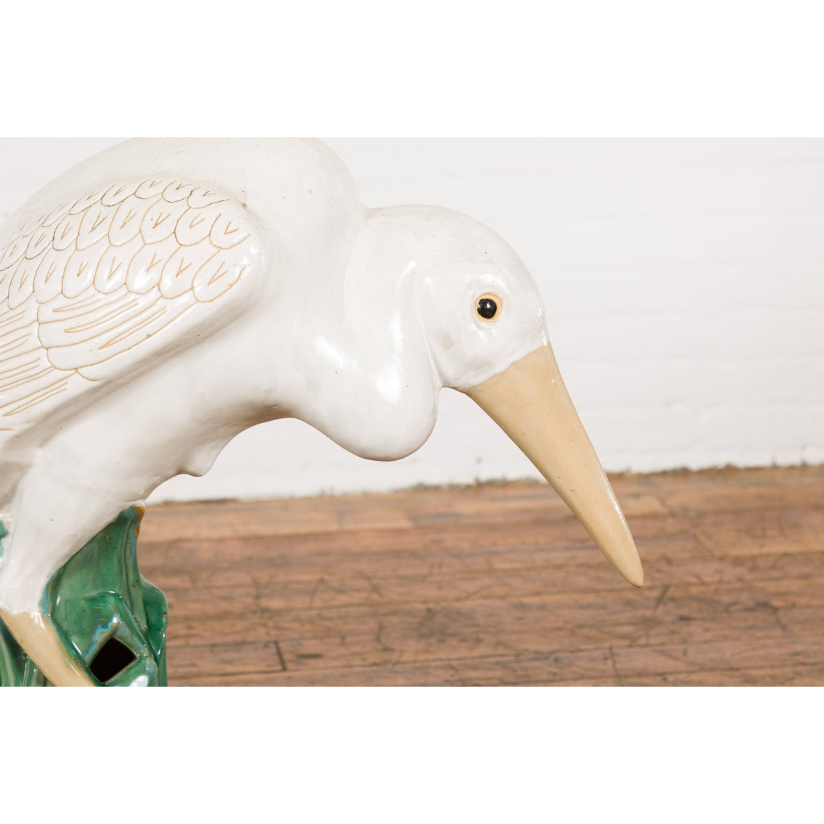 Lifesize Chinese Vintage White and Cream Glazed Ceramic Heron Bird Sculpture-5. Asian & Chinese Furniture, Art, Antiques, Vintage Home Décor for sale at FEA Home
