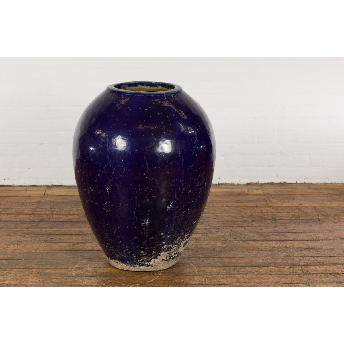 Oversized Antique Thai Cobalt Blue Glazed Water Vessel with Tapering Lines-2. Asian & Chinese Furniture, Art, Antiques, Vintage Home Décor for sale at FEA Home