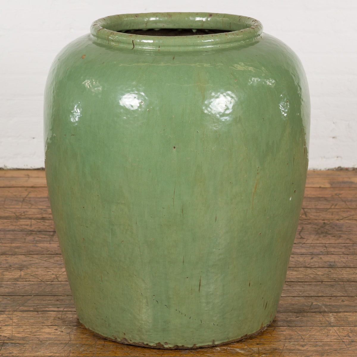 Oversized Vintage Chinese Celadon Glazed Water Vessel with Tapering Lines-2. Asian & Chinese Furniture, Art, Antiques, Vintage Home Décor for sale at FEA Home