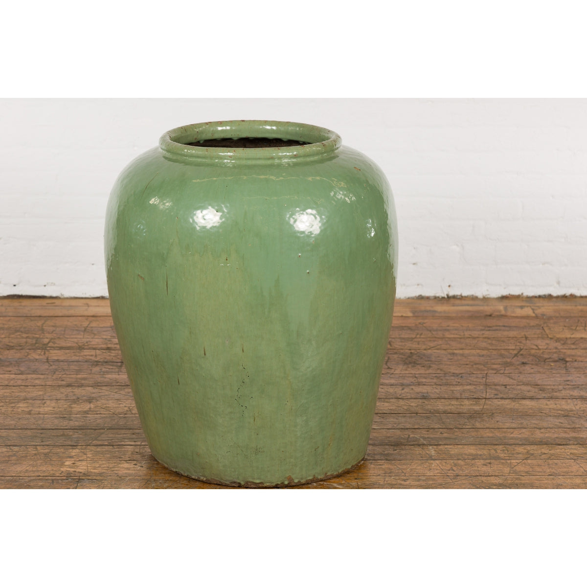 Oversized Vintage Chinese Celadon Glazed Water Vessel with Tapering Lines-3. Asian & Chinese Furniture, Art, Antiques, Vintage Home Décor for sale at FEA Home