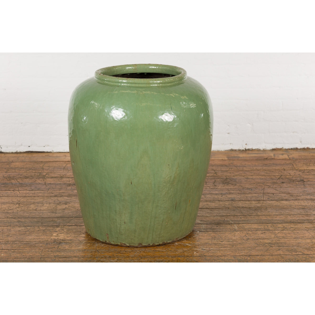Oversized Vintage Chinese Celadon Glazed Water Vessel with Tapering Lines-6. Asian & Chinese Furniture, Art, Antiques, Vintage Home Décor for sale at FEA Home