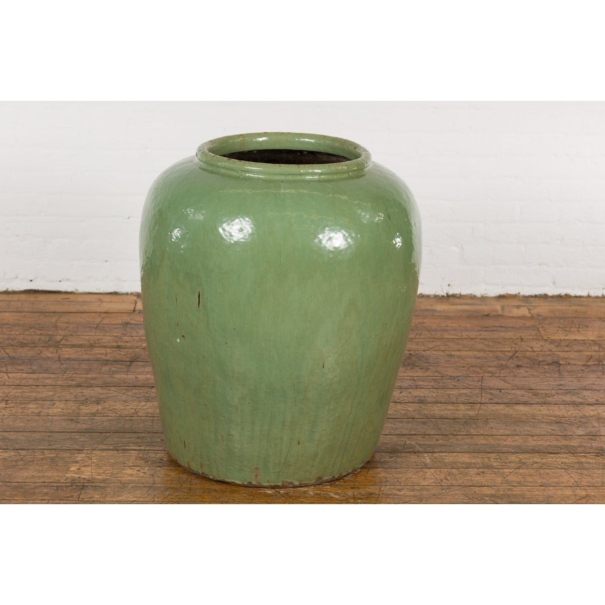 Oversized Vintage Chinese Celadon Glazed Water Vessel with Tapering Lines-9. Asian & Chinese Furniture, Art, Antiques, Vintage Home Décor for sale at FEA Home