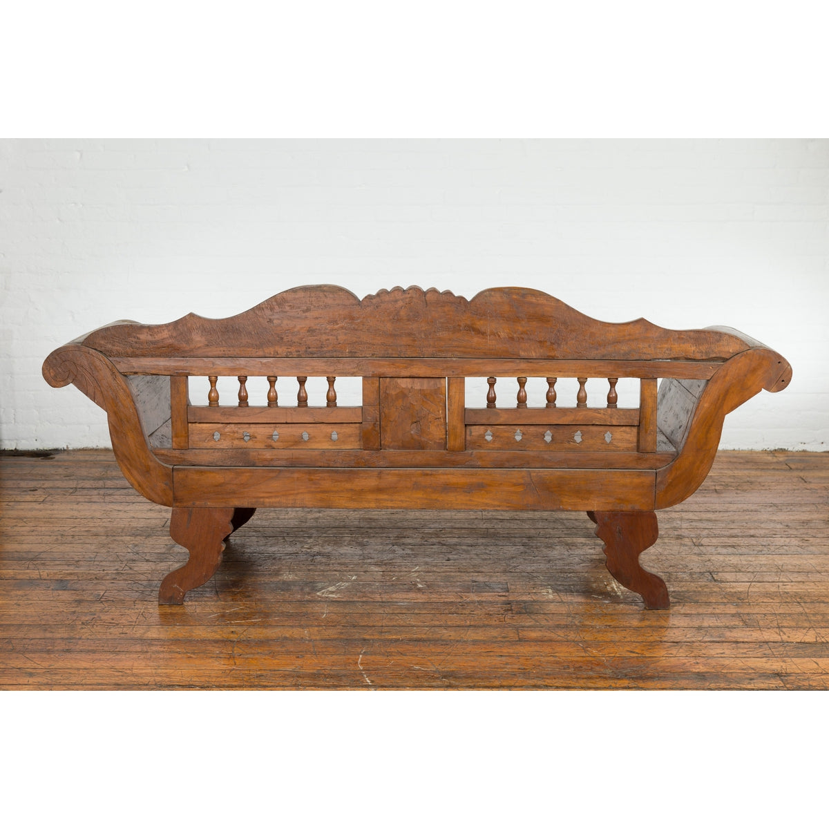 Plantation Javanese Teak Settee with Carved Décor and Out-Scrolling Arms-11. Asian & Chinese Furniture, Art, Antiques, Vintage Home Décor for sale at FEA Home