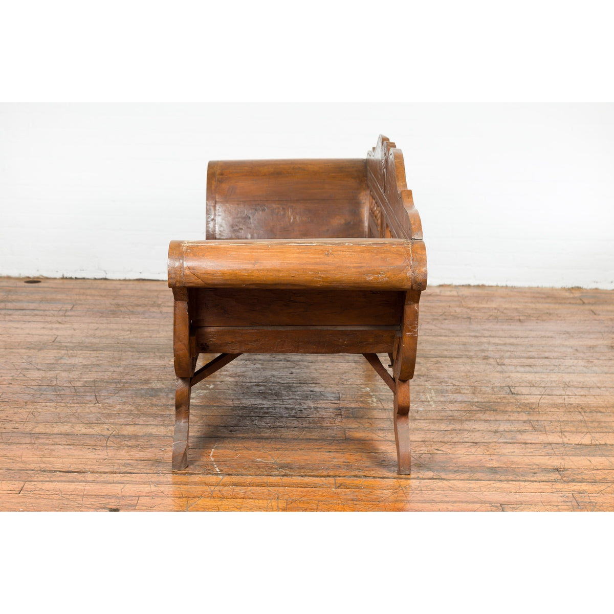 Plantation Javanese Teak Settee with Carved Décor and Out-Scrolling Arms-12. Asian & Chinese Furniture, Art, Antiques, Vintage Home Décor for sale at FEA Home