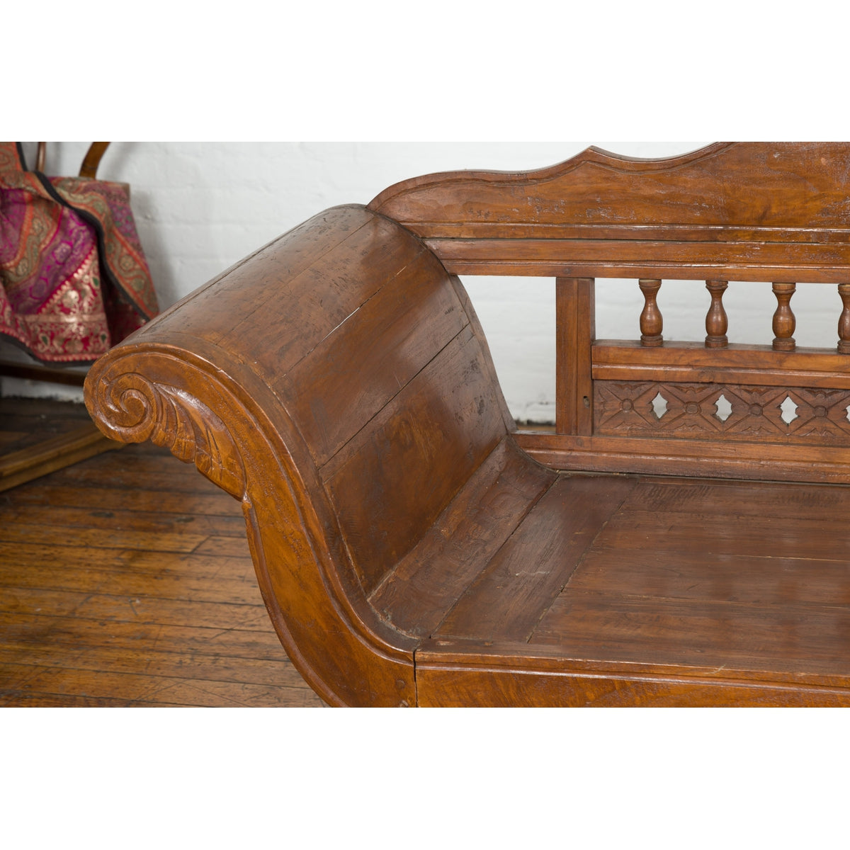 Plantation Javanese Teak Settee with Carved Décor and Out-Scrolling Arms-14. Asian & Chinese Furniture, Art, Antiques, Vintage Home Décor for sale at FEA Home