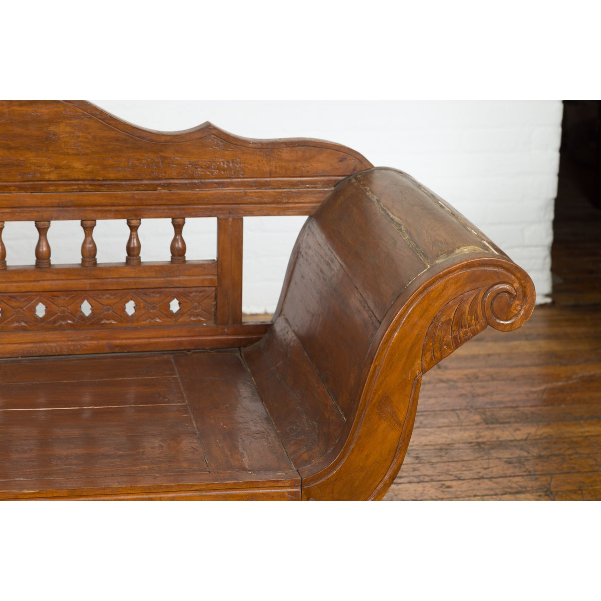 Plantation Javanese Teak Settee with Carved Décor and Out-Scrolling Arms-15. Asian & Chinese Furniture, Art, Antiques, Vintage Home Décor for sale at FEA Home