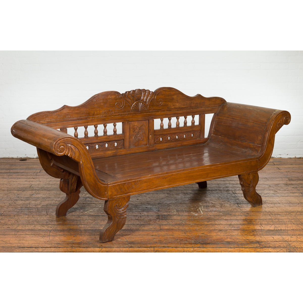 Plantation Javanese Teak Settee with Carved Décor and Out-Scrolling Arms-3. Asian & Chinese Furniture, Art, Antiques, Vintage Home Décor for sale at FEA Home