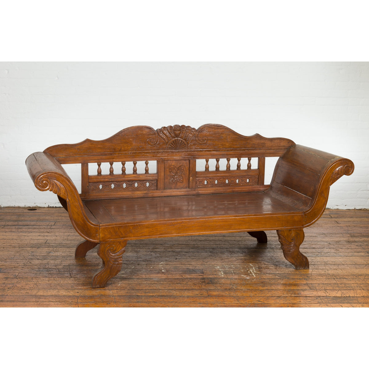 Plantation Javanese Teak Settee with Carved Décor and Out-Scrolling Arms-9. Asian & Chinese Furniture, Art, Antiques, Vintage Home Décor for sale at FEA Home