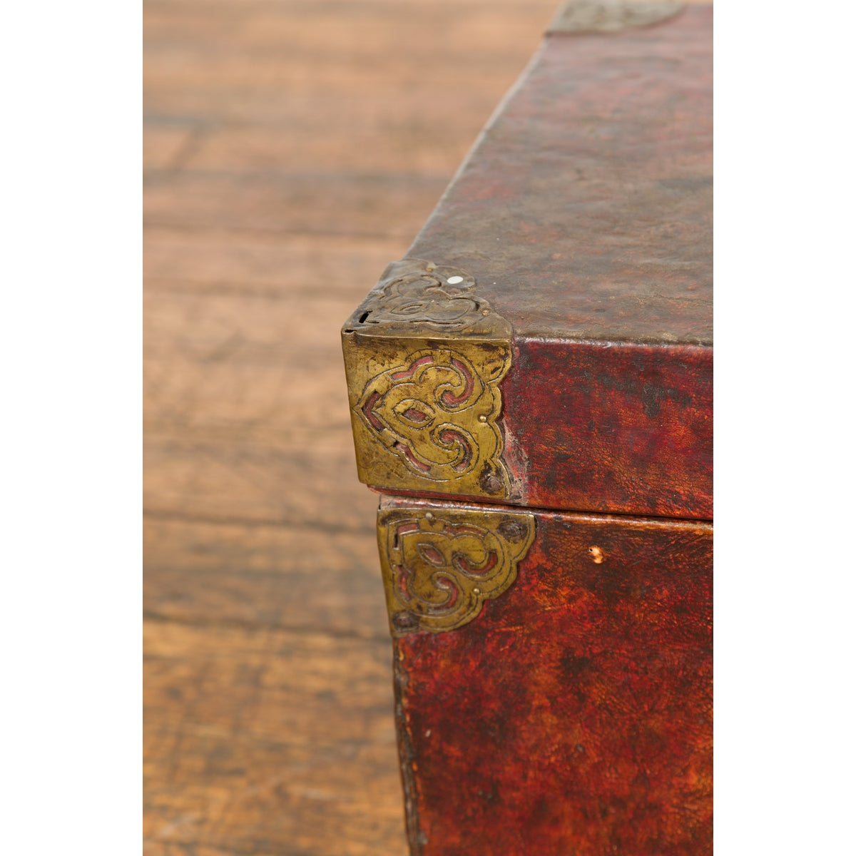 Vintage Chinese Lacquered Leather Blanket Chest with Reddish Brown Patina-18. Asian & Chinese Furniture, Art, Antiques, Vintage Home Décor for sale at FEA Home