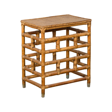Vintage Country Style Burmese Table with Rattan Top and Geometric Bamboo Base-YN7569-1. Asian & Chinese Furniture, Art, Antiques, Vintage Home Décor for sale at FEA Home
