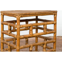 Vintage Country Style Burmese Table with Rattan Top and Geometric Bamboo Base