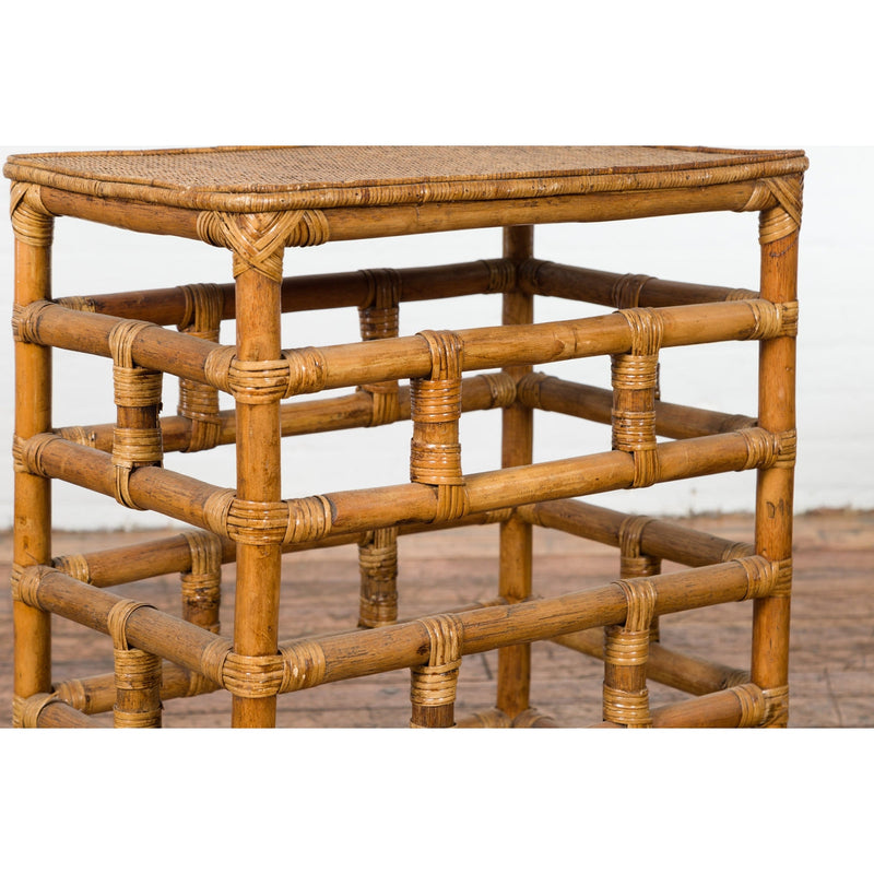 Vintage Country Style Burmese Table with Rattan Top and Geometric Bamboo Base-YN7569-11. Asian & Chinese Furniture, Art, Antiques, Vintage Home Décor for sale at FEA Home
