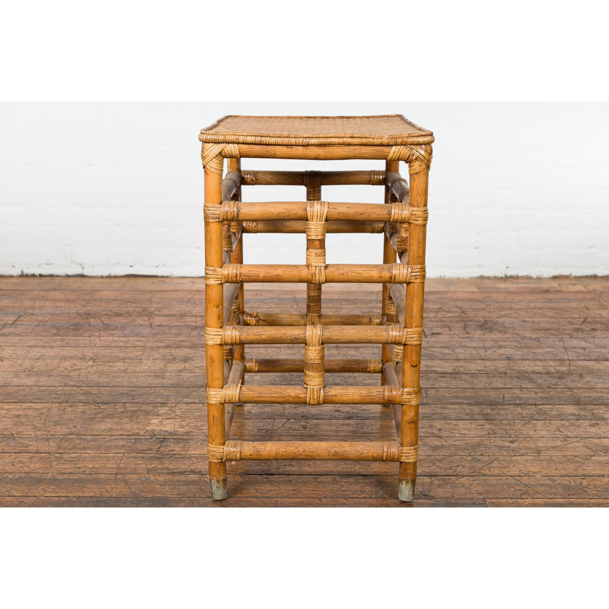 Vintage Country Style Burmese Table with Rattan Top and Geometric Bamboo Base-13. Asian & Chinese Furniture, Art, Antiques, Vintage Home Décor for sale at FEA Home