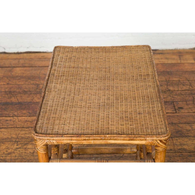 Vintage Country Style Burmese Table with Rattan Top and Geometric Bamboo Base-YN7569-15. Asian & Chinese Furniture, Art, Antiques, Vintage Home Décor for sale at FEA Home