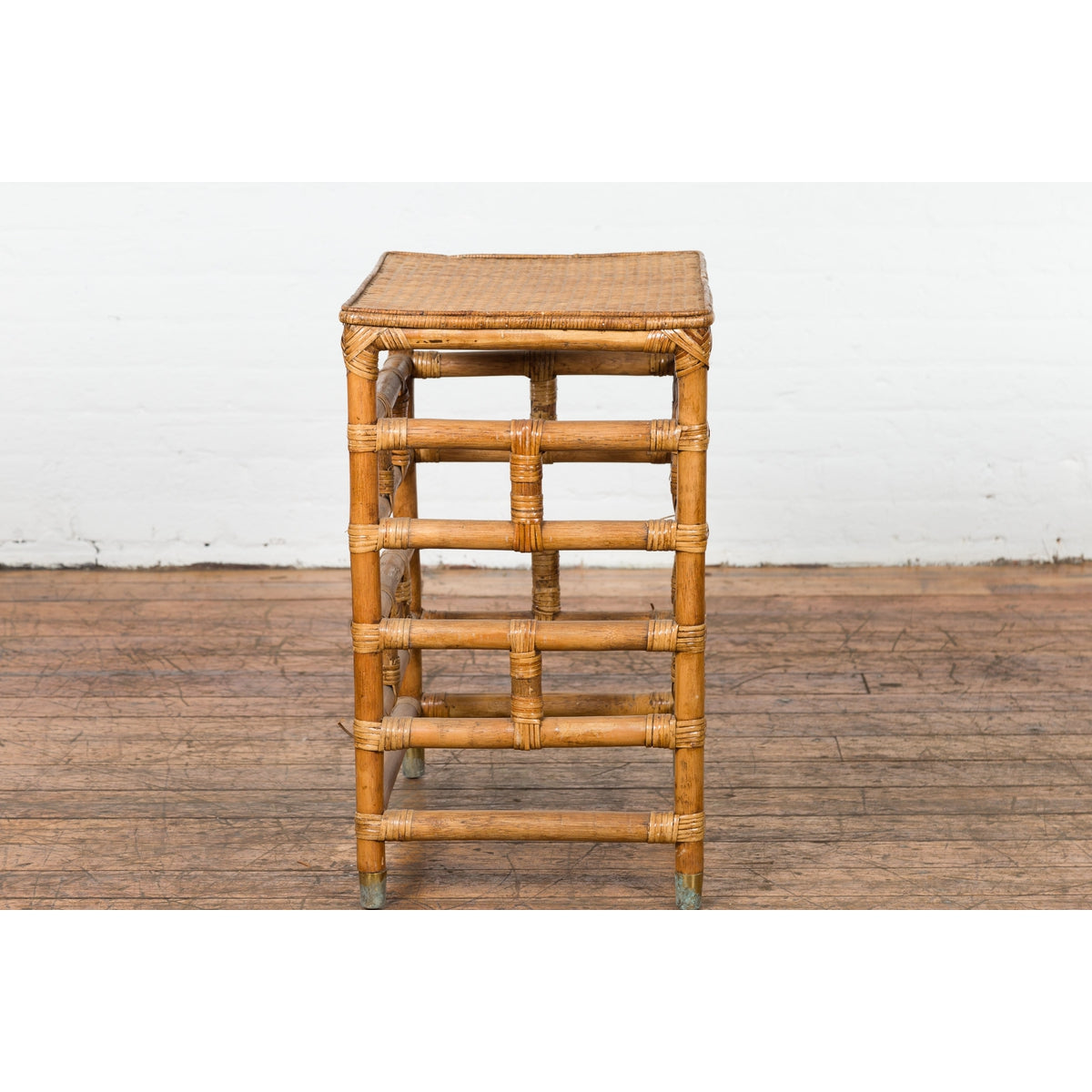 Vintage Country Style Burmese Table with Rattan Top and Geometric Bamboo Base-16. Asian & Chinese Furniture, Art, Antiques, Vintage Home Décor for sale at FEA Home