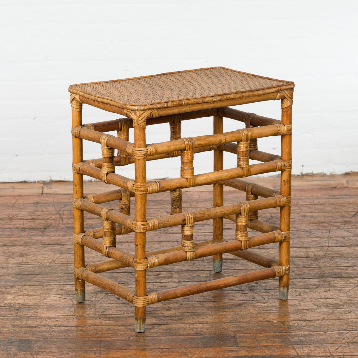 Vintage Country Style Burmese Table with Rattan Top and Geometric Bamboo Base-3. Asian & Chinese Furniture, Art, Antiques, Vintage Home Décor for sale at FEA Home