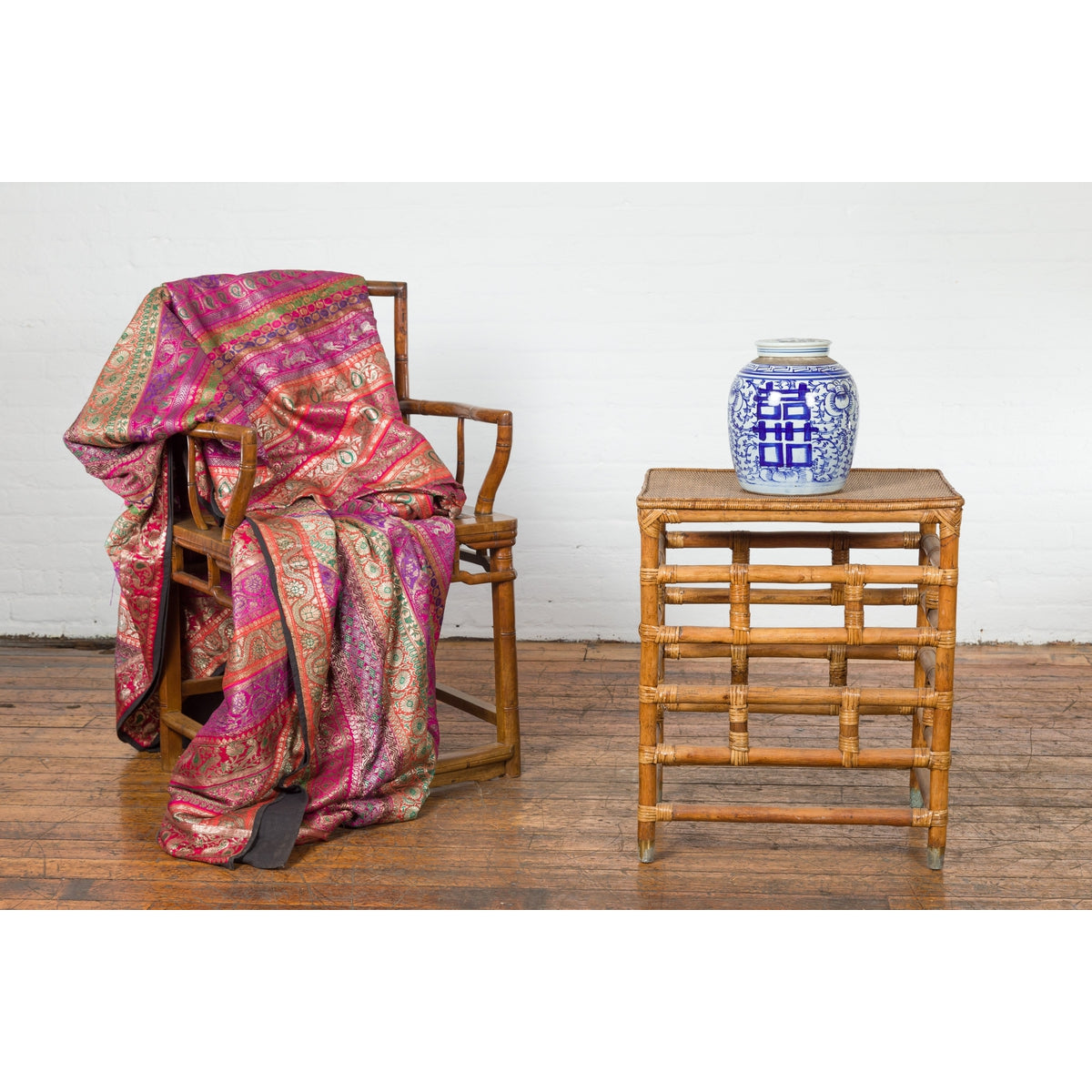 Vintage Country Style Burmese Table with Rattan Top and Geometric Bamboo Base-4. Asian & Chinese Furniture, Art, Antiques, Vintage Home Décor for sale at FEA Home