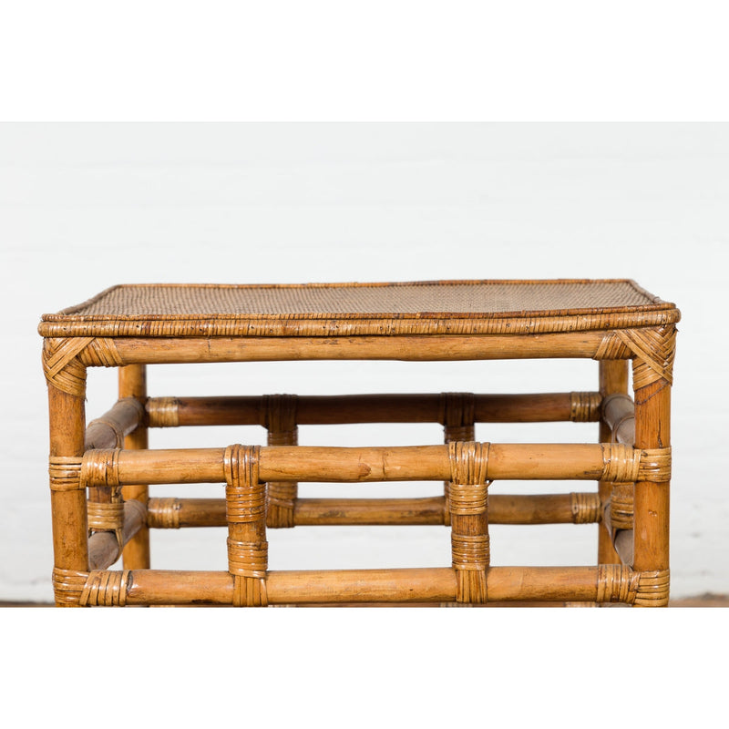 Vintage Country Style Burmese Table with Rattan Top and Geometric Bamboo Base-YN7569-5. Asian & Chinese Furniture, Art, Antiques, Vintage Home Décor for sale at FEA Home