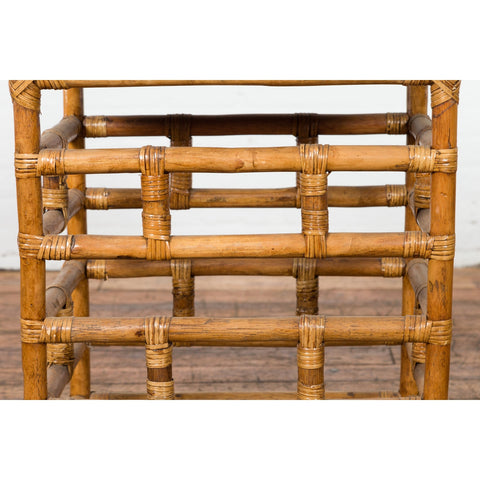 Vintage Country Style Burmese Table with Rattan Top and Geometric Bamboo Base-YN7569-6. Asian & Chinese Furniture, Art, Antiques, Vintage Home Décor for sale at FEA Home