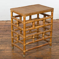 Vintage Country Style Burmese Table with Rattan Top and Geometric Bamboo Base