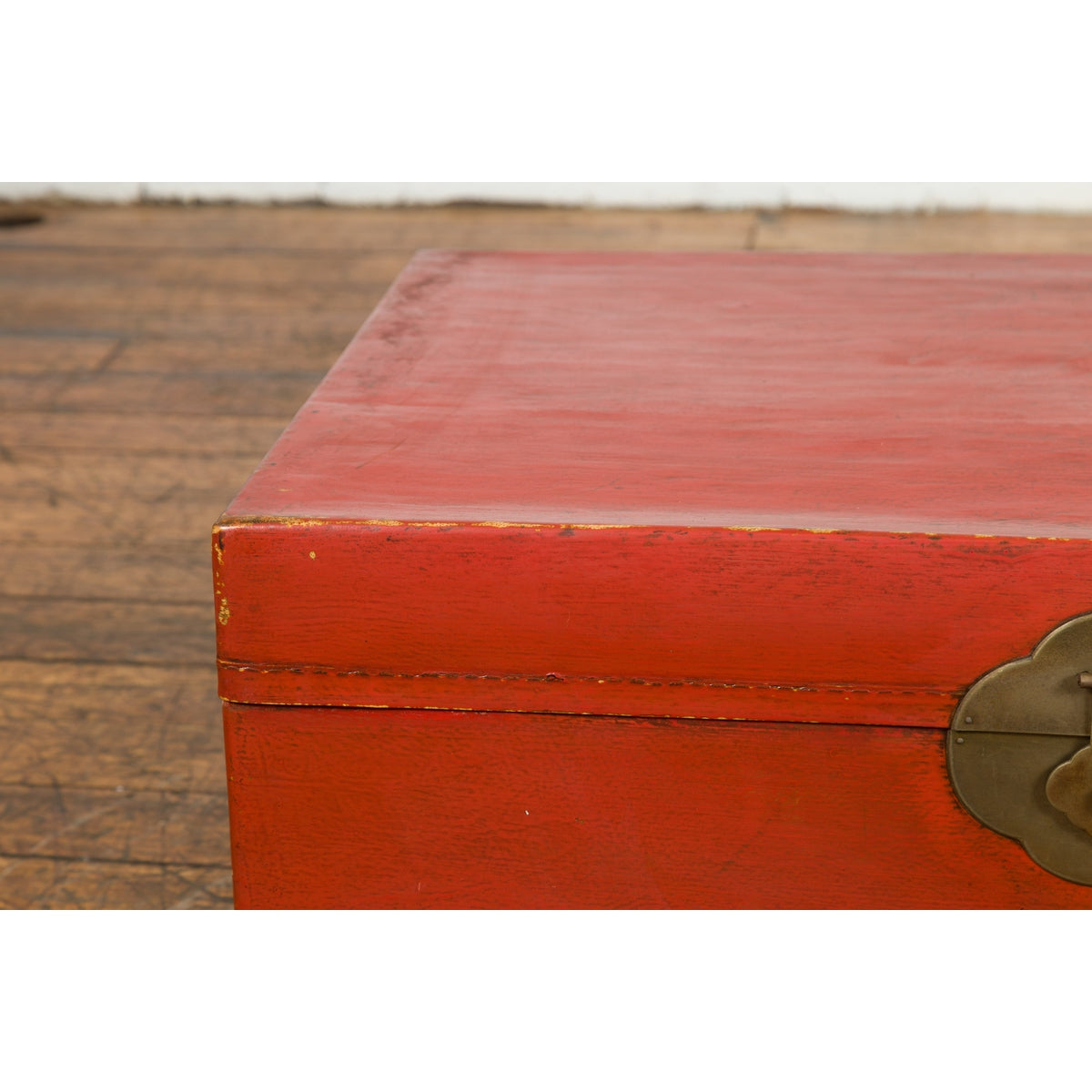 Vintage Red Leather Lacquer Blanket Chest with Brass Hardware-13. Asian & Chinese Furniture, Art, Antiques, Vintage Home Décor for sale at FEA Home