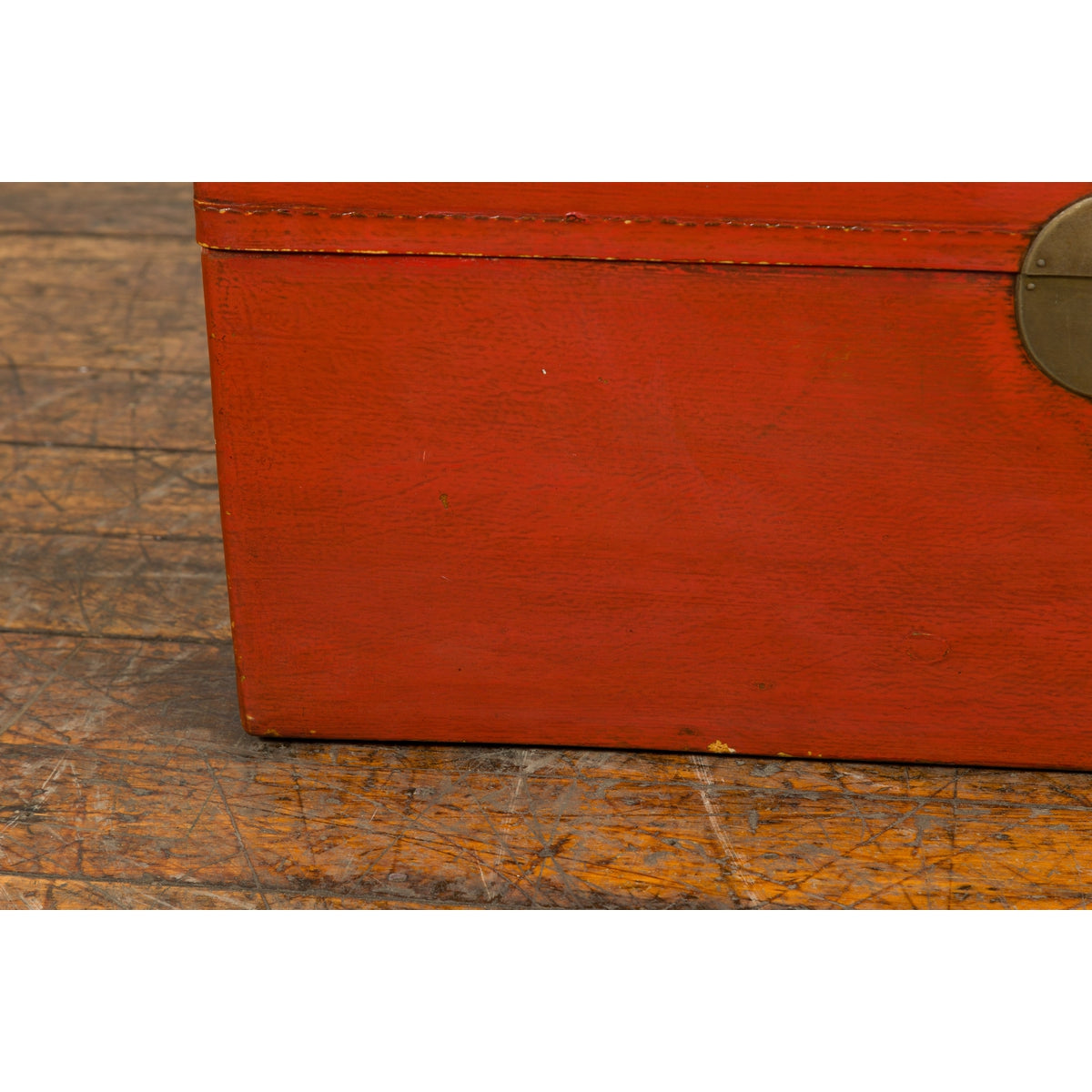 Vintage Red Leather Lacquer Blanket Chest with Brass Hardware-15. Asian & Chinese Furniture, Art, Antiques, Vintage Home Décor for sale at FEA Home