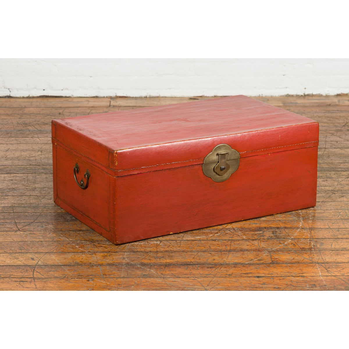 Vintage Red Leather Lacquer Blanket Chest with Brass Hardware-3. Asian & Chinese Furniture, Art, Antiques, Vintage Home Décor for sale at FEA Home