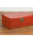 Vintage Red Leather Lacquer Blanket Chest with Brass Hardware-3. Asian & Chinese Furniture, Art, Antiques, Vintage Home Décor for sale at FEA Home
