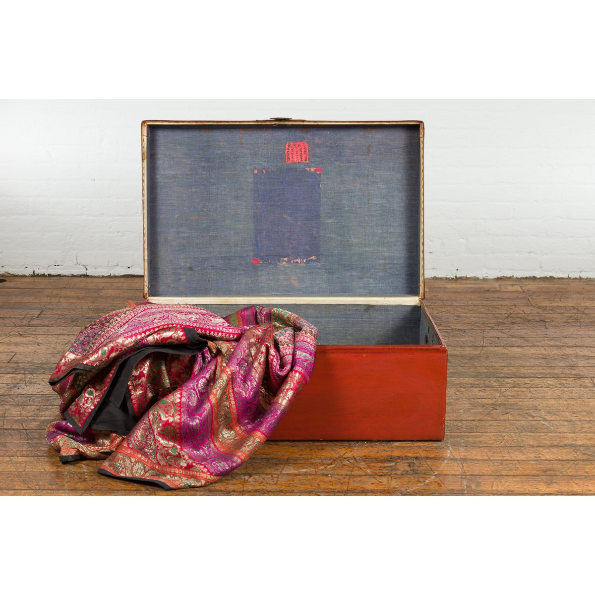 Vintage Red Leather Lacquer Blanket Chest with Brass Hardware-4. Asian & Chinese Furniture, Art, Antiques, Vintage Home Décor for sale at FEA Home