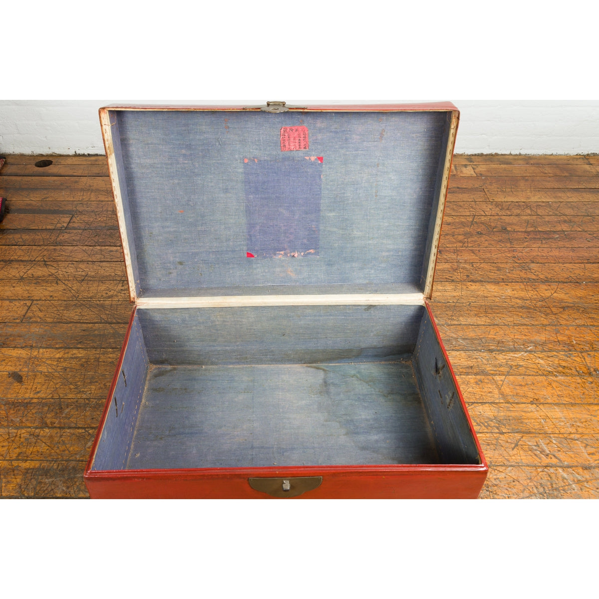 Vintage Red Leather Lacquer Blanket Chest with Brass Hardware-6. Asian & Chinese Furniture, Art, Antiques, Vintage Home Décor for sale at FEA Home
