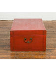 Vintage Red Leather Lacquer Blanket Chest with Brass Hardware-7. Asian & Chinese Furniture, Art, Antiques, Vintage Home Décor for sale at FEA Home