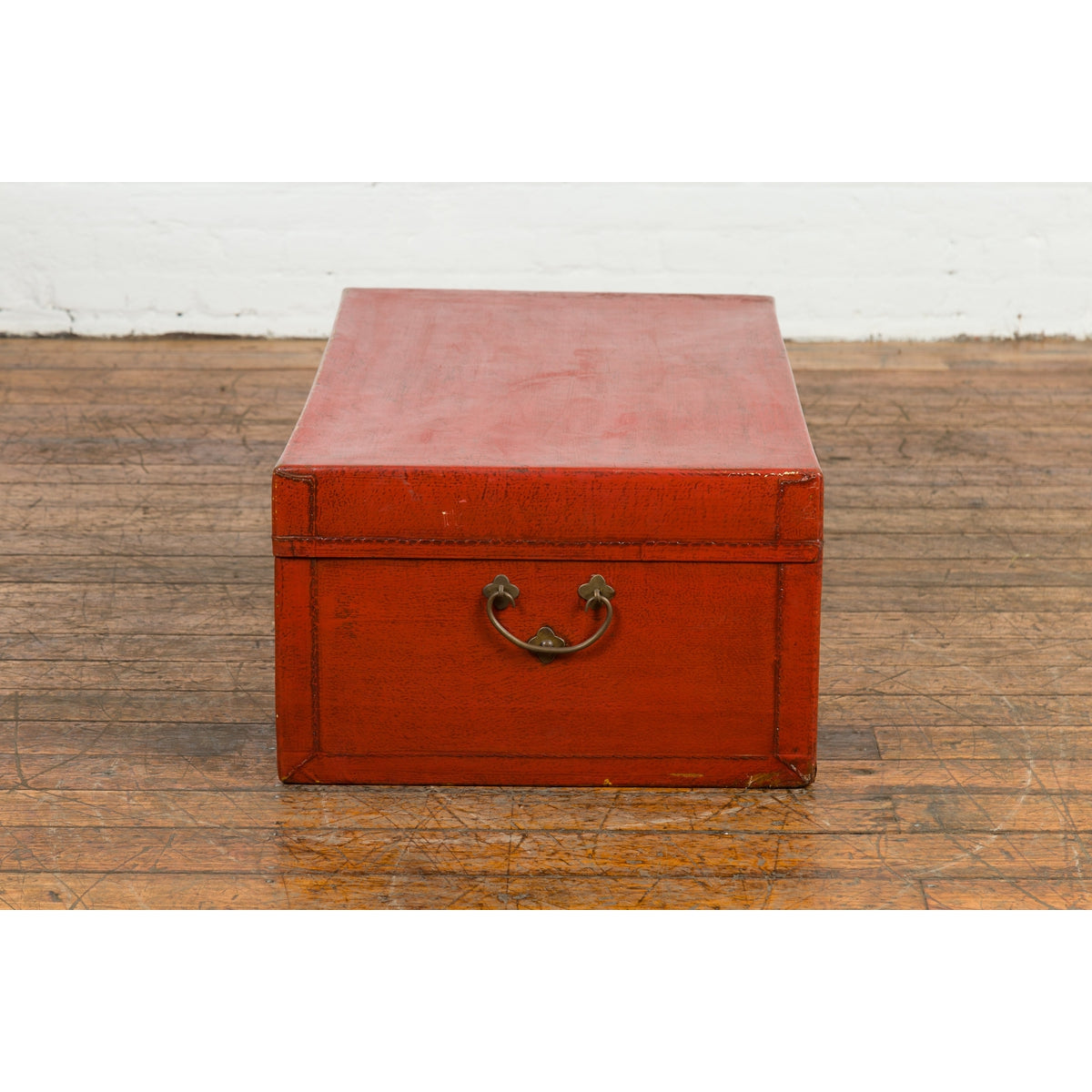 Vintage Red Leather Lacquer Blanket Chest with Brass Hardware-10. Asian & Chinese Furniture, Art, Antiques, Vintage Home Décor for sale at FEA Home