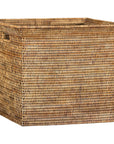 Natural brown rattan storage box with side handles, square shape, open top, country style, angled view.