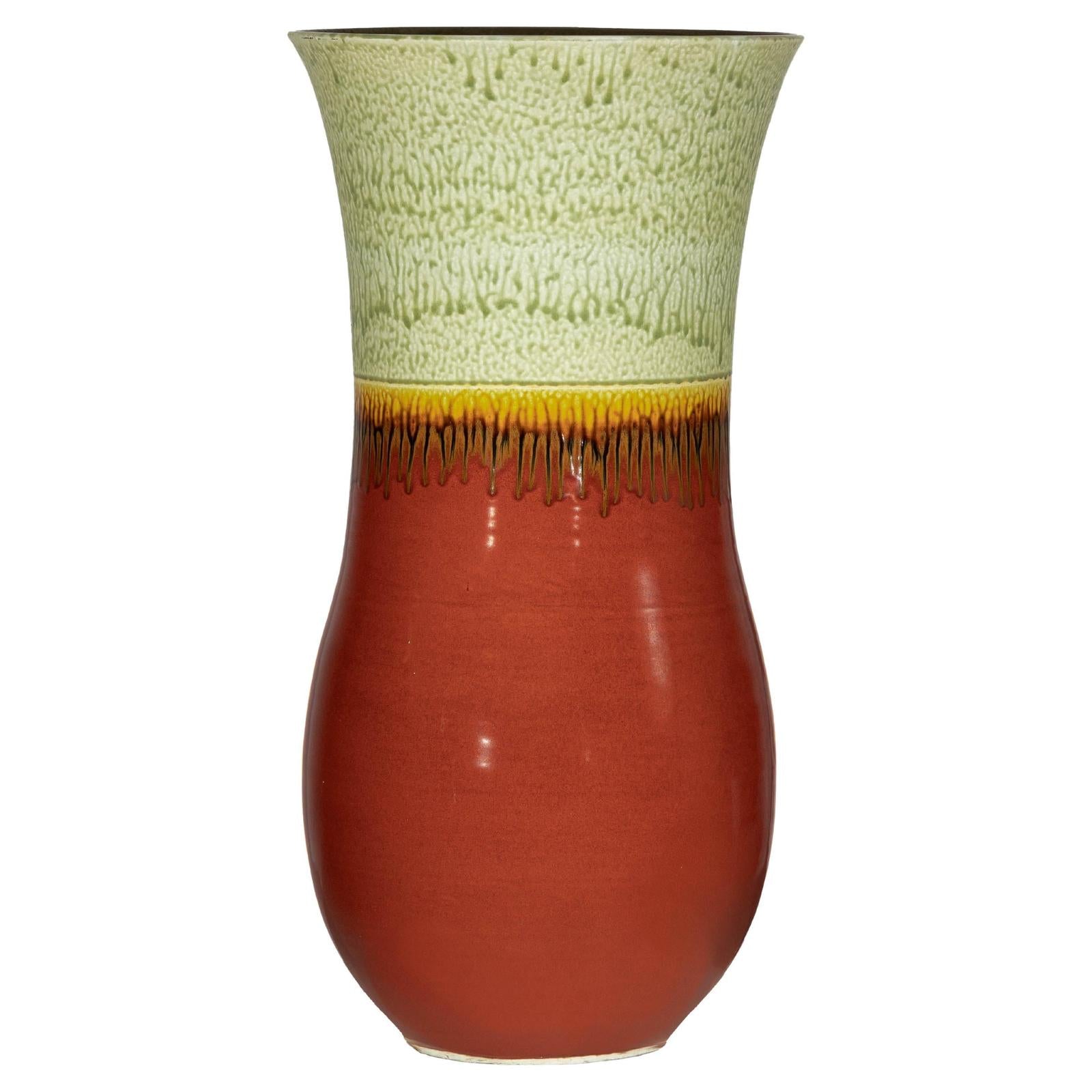 Tall Artisan Hand-Crafted Ceramic Vase with Green Drip Glaze over Red Base