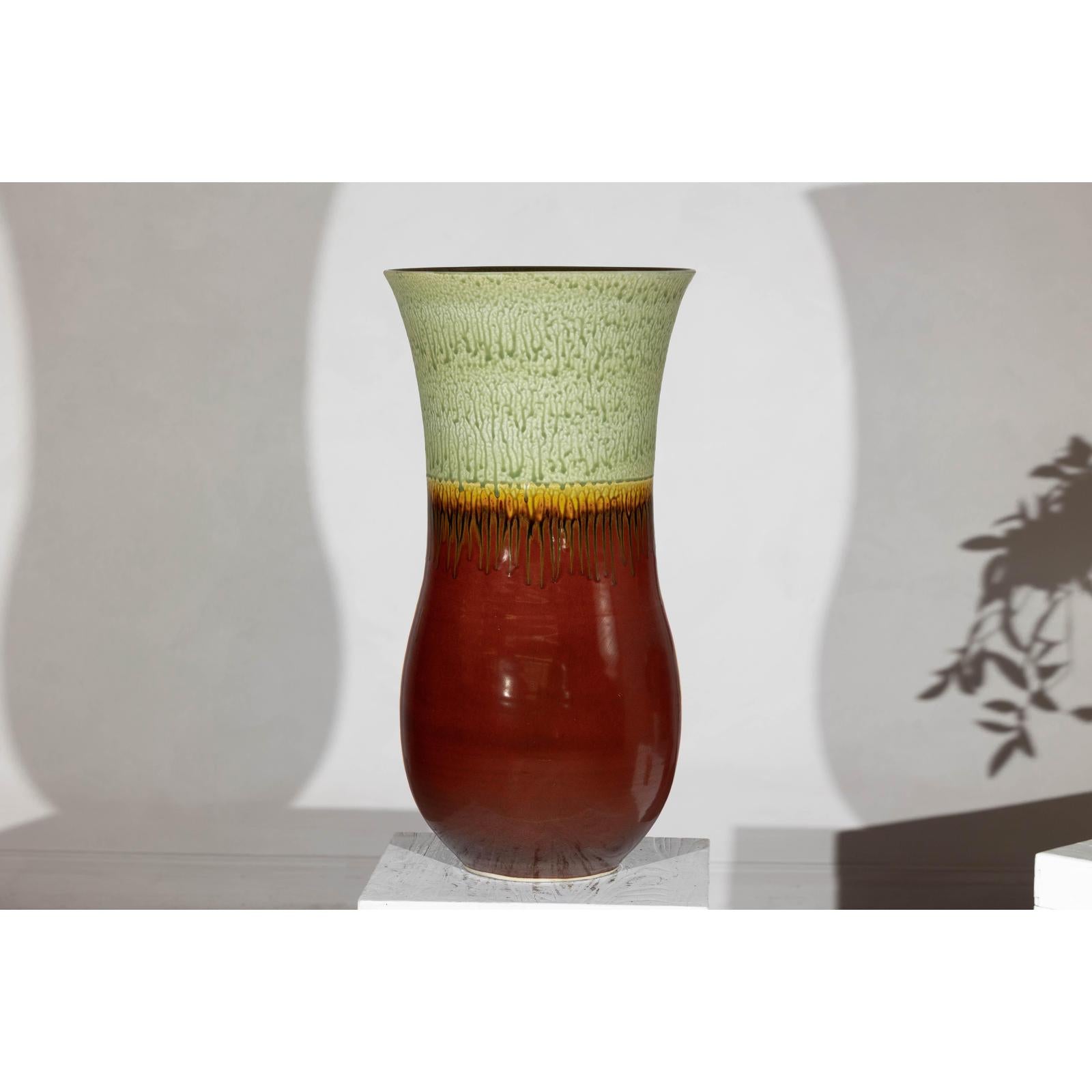 Tall Artisan Hand-Crafted Ceramic Vase with Green Drip Glaze over Red Base