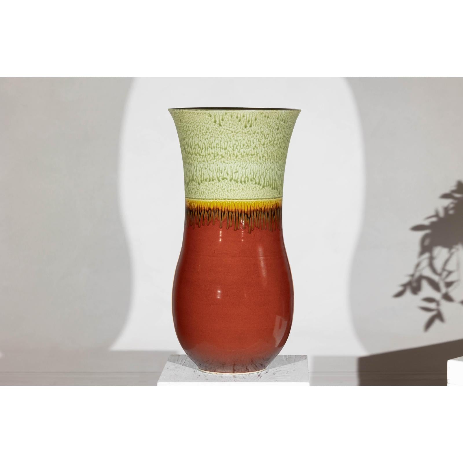 Tall Artisan Hand-Crafted Ceramic Vase with Green Drip Glaze over Red Base