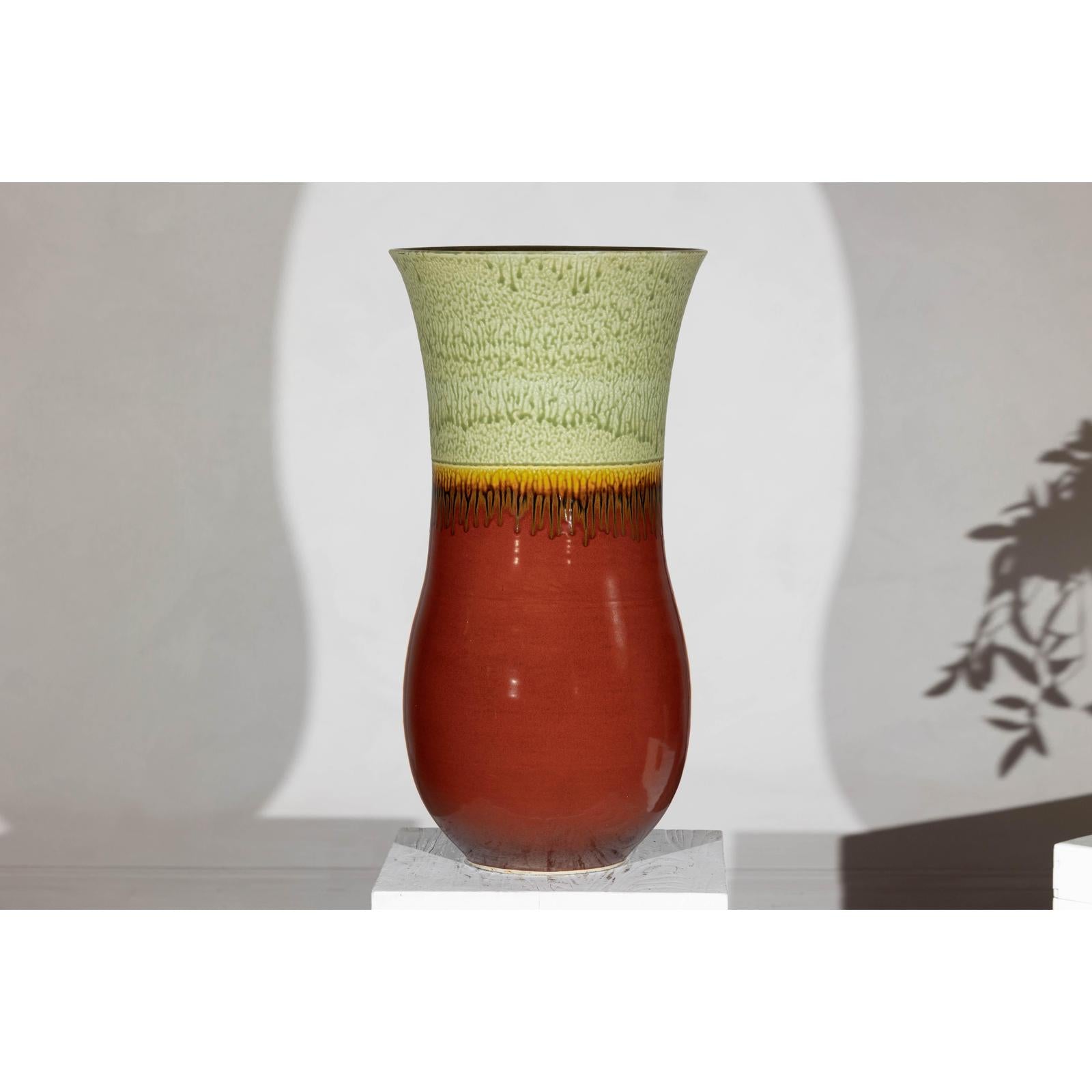 Tall Artisan Hand-Crafted Ceramic Vase with Green Drip Glaze over Red Base